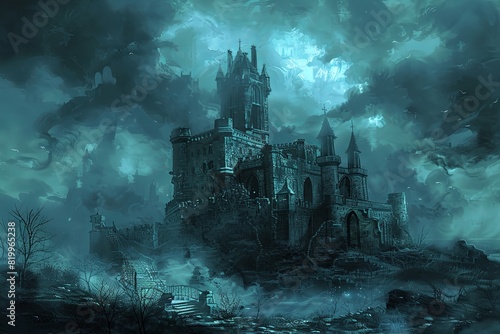 A painting of a castle shrouded in darkness under a starry night sky