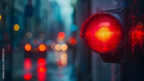 A red emergency siren light flashing on a city street, with a blurred background.  A macro shot effect and bokeh effect.
