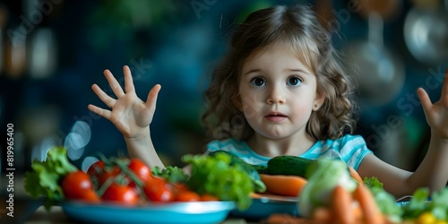 Child refusing vegetables depicting mealtime struggles and picky eating challenges. Concept Picky Eaters, Children's Nutrition, Mealtime Struggles, Parenting Tips, Healthy Eating