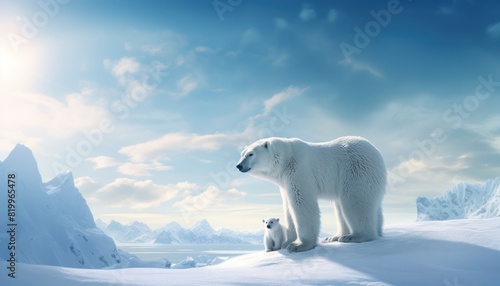 Polar bears walks in extreme winter weather, standing above snow with a view of the frost mountains