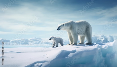 Polar bears walks in extreme winter weather  standing above snow with a view of the frost mountains