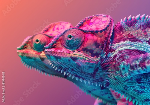 Abstract digital art  chameleons with earphones on solid background  faceted  minimal  panoramic.