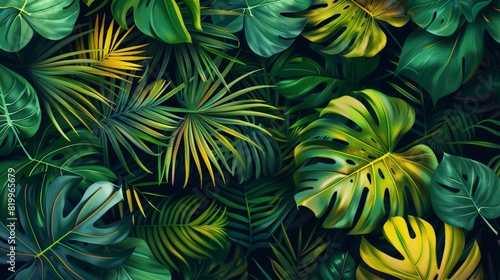 A detailed illustration of abstract tropical leaves arranged in a seamless pattern. The composition includes palm fronds, monstera leaves, and other exotic foliage in vibrant green tones with hints