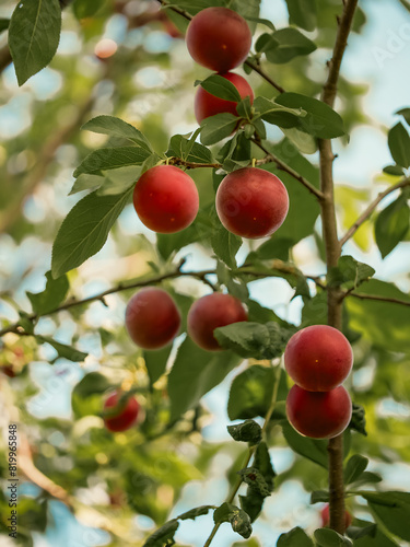 The contrasting colors of red cherrie plums and green leaves create an eye-catching visual; can be used in marketing materials to signify freshness and natural growth.