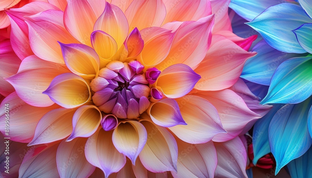 closeup view of vibrant and colorful dahlia petals in full bloom showing nature artistry and beauty. closeup view of vibrant and colorful dahlia petals in full bloom showing nature artistry and beauty.