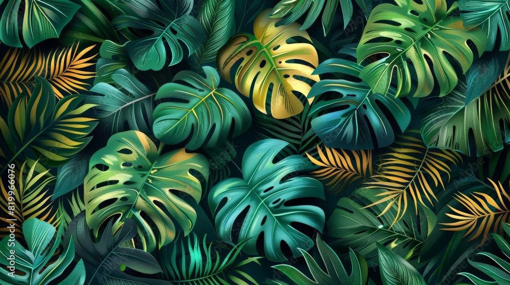 A detailed illustration of tropical foliage arranged in a seamless pattern. The composition includes lush, abstract leaves in vibrant green tones with accents of turquoise and gold, creating a rich