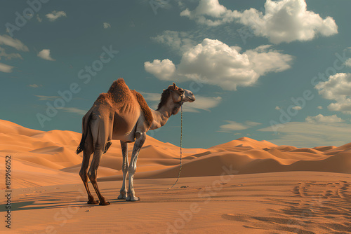 a camel in the desert  sunset