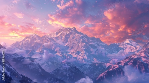 Snow-capped mountains bathed in the soft hues of sunrise  with vibrant clouds adding to the breathtaking natural beauty.
