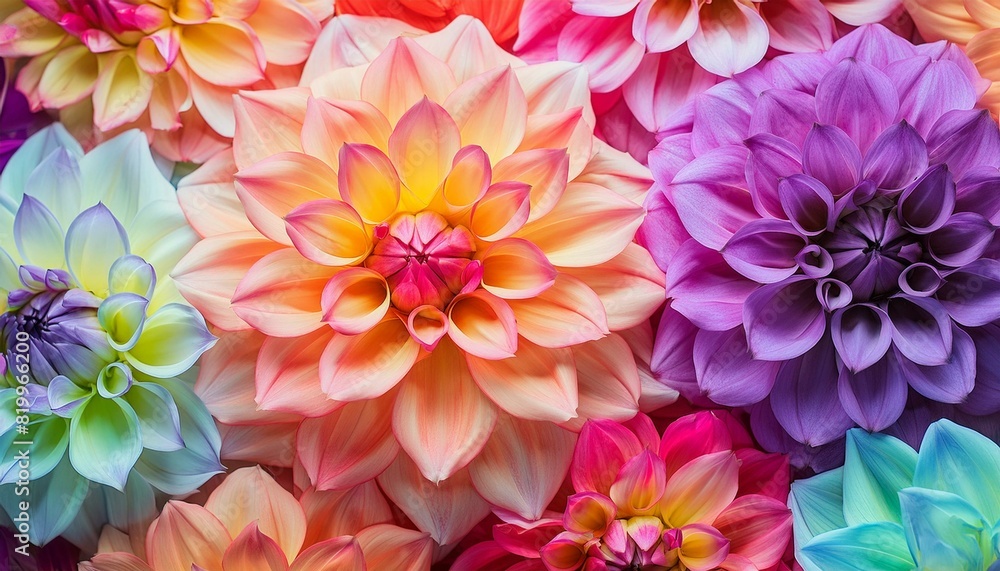 closeup view of vibrant and colorful dahlia petals in full bloom showing nature artistry and beauty. closeup view of vibrant and colorful dahlia petals in full bloom showing nature artistry and beauty.