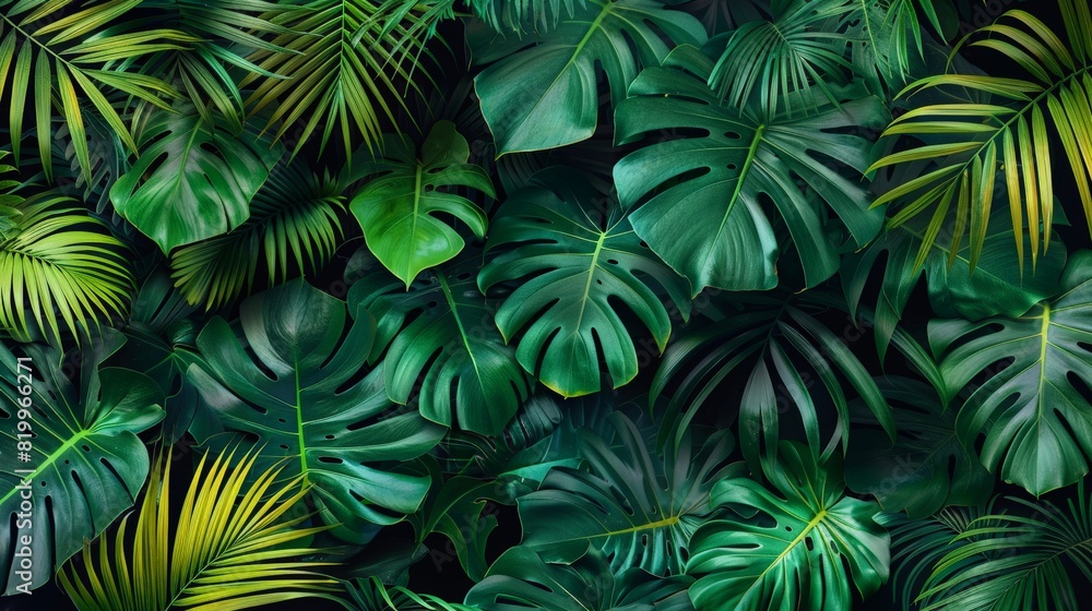 A detailed and realistic seamless pattern featuring abstract tropical leaves. The composition includes palm fronds, monstera leaves, and other exotic foliage in vibrant green tones with subtle hints A detailed and realistic seamless pattern featuring abstract tropical leaves. The composition includes palm fronds, monstera leaves, and other exotic foliage in vibrant green tones with subtle hints