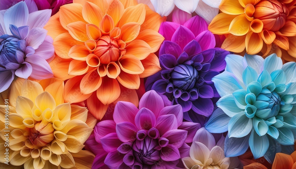 Obraz premium closeup view of vibrant and colorful dahlia petals in full bloom showing nature artistry and beauty.