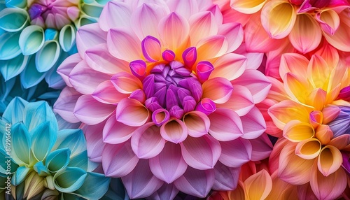 closeup view of vibrant and colorful dahlia petals in full bloom showing nature artistry and beauty.