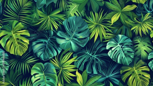 A seamless tropical leaves pattern featuring a mix of abstract palm fronds and monstera foliage. The vibrant green and blue hues, combined with intricate leaf details, create a visually stunning