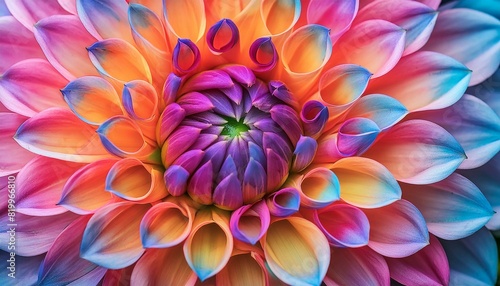 closeup view of vibrant and colorful dahlia petals in full bloom showing nature artistry and beauty.