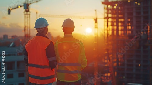 Two construction workers in high visibility gear and white hard hats, standing on an urban building site with cranes and new buildings under construction in the background. 