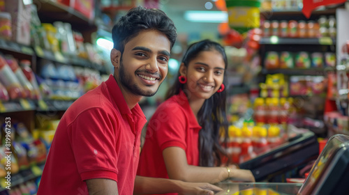 young indian couple working in grocery store
