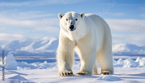 Polar bears walks in extreme winter weather  standing above snow with a view of the frost mountains