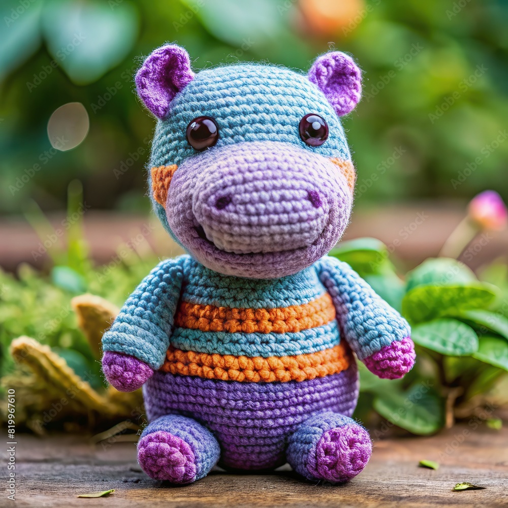 Crocheted Hippo Sitting on Ground. Generative AI Crocheted Hippo Sitting on Ground. Generative AI
