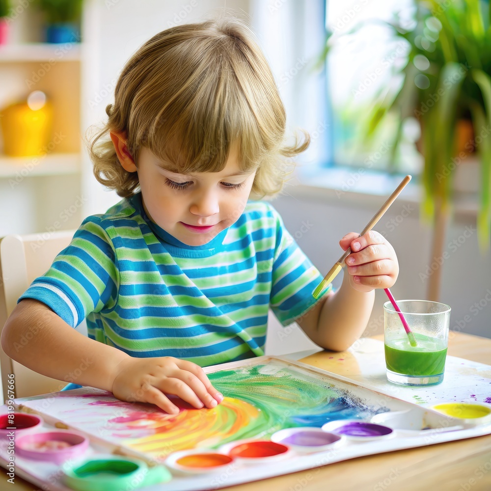 Little Boy Painting With Watercolors. Generative AI Little Boy Painting With Watercolors. Generative AI