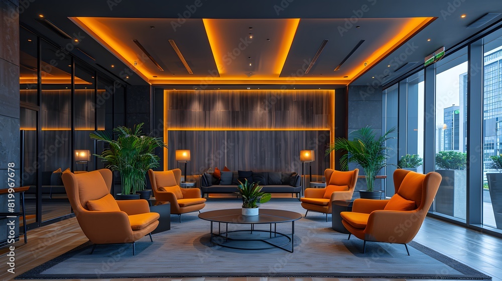 Modern hotel lobby interior with dark gray walls and light wood accents ...
