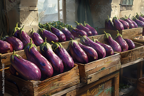 The harvested eggplants are carefully packed in wooden boxes on the sorting line, ready for distribution at a bustling farm during the peak of the harvest season
