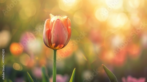 A close-up of a pink tulip in a field of tulips with the sun shining brightly in the background.

 #819967620
