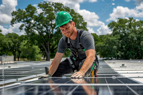 Technician installs solar shingles, renewable energy integration and sustainable roofing solutions.