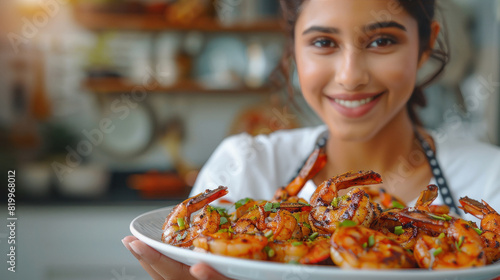 young indian woman holding shrimp plate