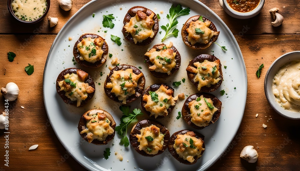 Homemade Garlic Parmesan-Stuffed Mushrooms on a plate, top view. Flat lay, overhead, from above.
Homemade Garlic Parmesan-Stuffed Mushrooms on a plate, top view. Flat lay, overhead, from above.