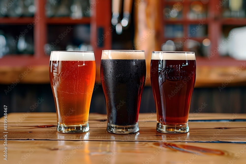 Dark ale, brown ale and a indian pale ale on a bar counter, side view Dark ale, brown ale and a indian pale ale on a bar counter, side view