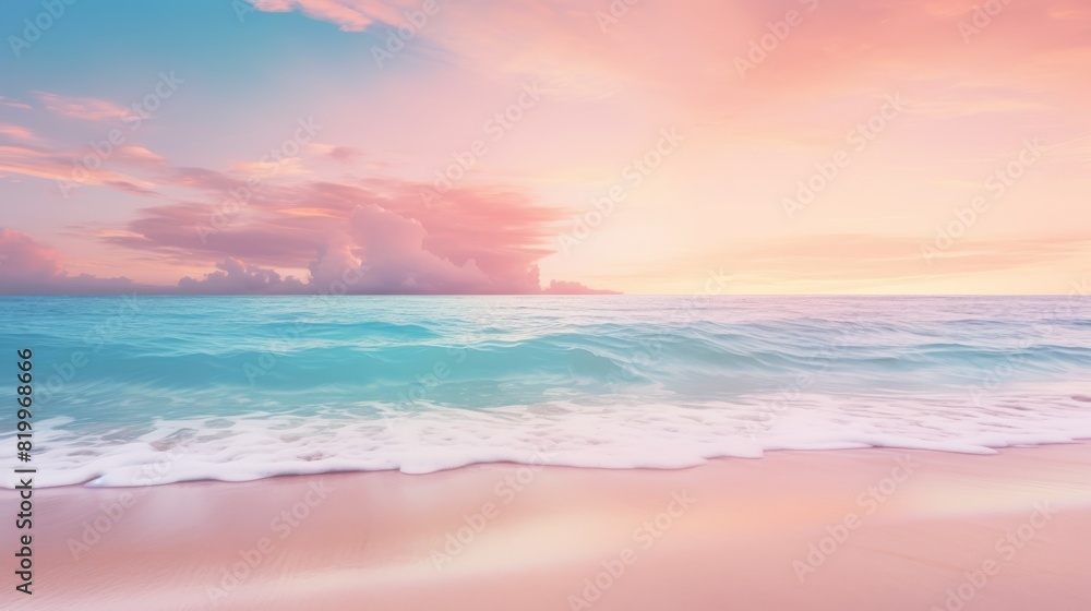 Fototapeta premium Beautiful sunrise beach. Exotic shore, waves on bright sand, sea horizon. Closeup, Mediterranean dream, sunset sky. Peaceful tranquil relax. Positive energy meditation. High quality photo