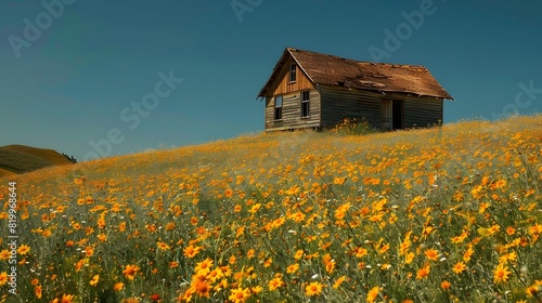 An old  weathered wooden cabin in the middle of a vast field covered with yellow wildflowers under a clear blue sky. 