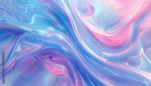 Abstract background with holographic gradient in blue  pink and orange colors. Beautiful blurred wallpaper for your design project. Iridescent liquid texture with wavy shapes. 