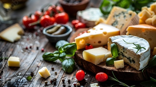 Photograph of various types of cheese on wooden background, high resolution photography, stock photo, professional color grading, clean sharp focus . 