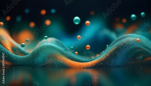 Green, blue, and orange color particles swirling and shimmering on a dark abstract teal background, bokeh light overlay with blurred glitter texture and water bubbles