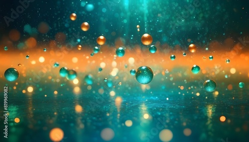 Green, blue, and orange color particles swirling and shimmering on a dark abstract teal background, bokeh light overlay with blurred glitter texture and water bubbles