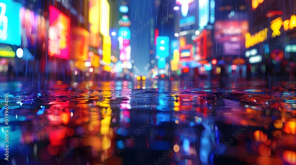 City street with lights reflecting on wet pavement, blurred background showing people walking and buildings in the rain at night, depth of field effect.
