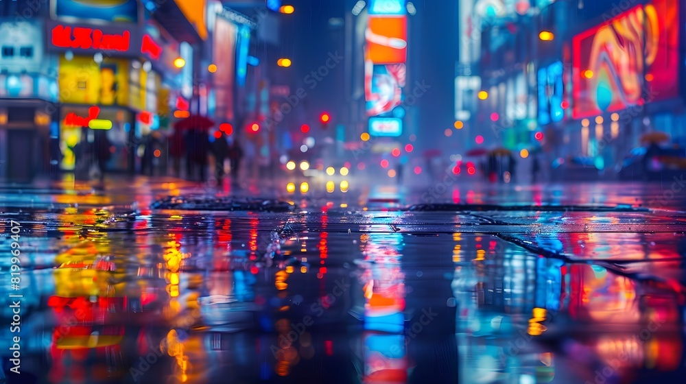 Obraz premium City street with lights reflecting on wet pavement, blurred background showing people walking and buildings in the rain at night, depth of field effect. 
