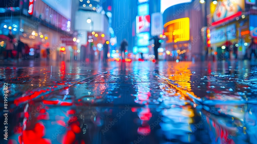 Obraz premium City street with lights reflecting on wet pavement, blurred background showing people walking and buildings in the rain at night, depth of field effect.