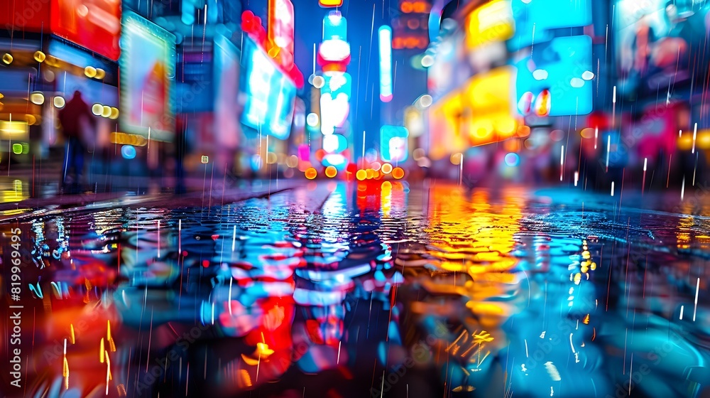 Fototapeta premium City street with lights reflecting on wet pavement, blurred background showing people walking and buildings in the rain at night, depth of field effect. 
