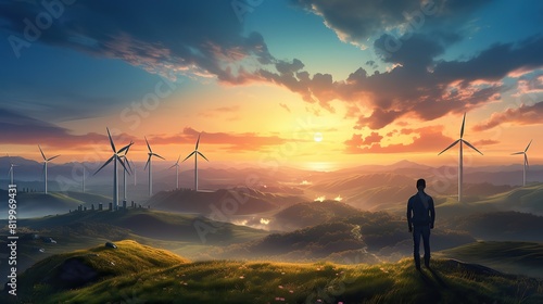 An engineer stands on the top and looks at the beautiful sunset landscape and windmills