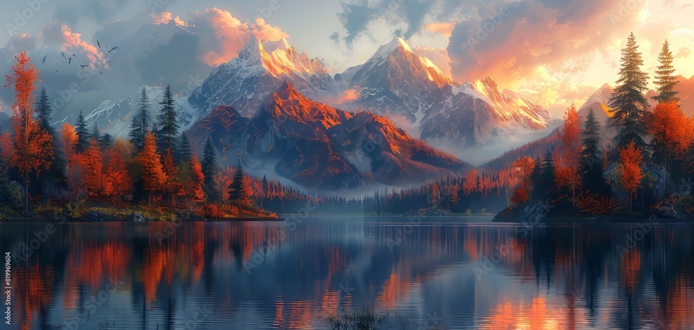Stunning mountain range with autumn foliage reflected in a serene lake at sunrise, showcasing the beauty of nature's vivid colors and tranquility. Stunning mountain range with autumn foliage reflected in a serene lake at sunrise, showcasing the beauty of nature's vivid colors and tranquility.