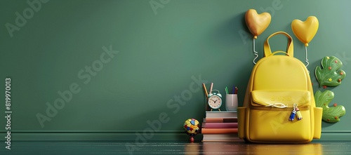 yellow backpack with school supplies on a green background with copy space for text and doodle elements, concept artwork design template in the style of back to middle school.