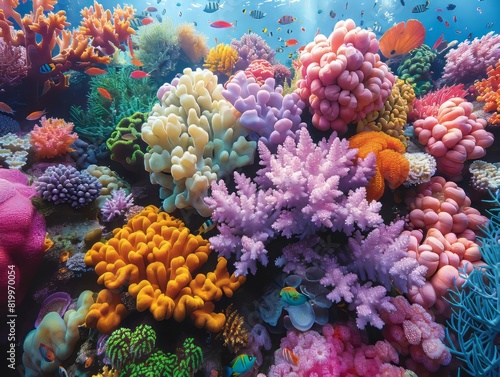 Vibrant underwater coral reef filled with colorful corals and fishes, showcasing the beauty of marine life and the ocean's biodiversity. photo