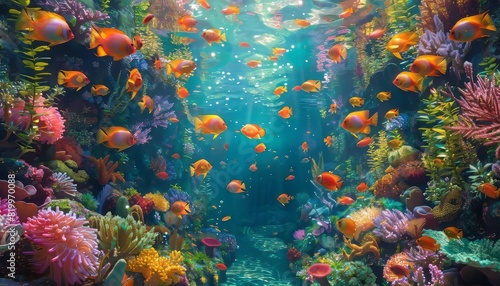 Vibrant underwater scene featuring colorful coral reefs and numerous exotic fish in crystal-clear blue waters, showcasing marine biodiversity at its finest.