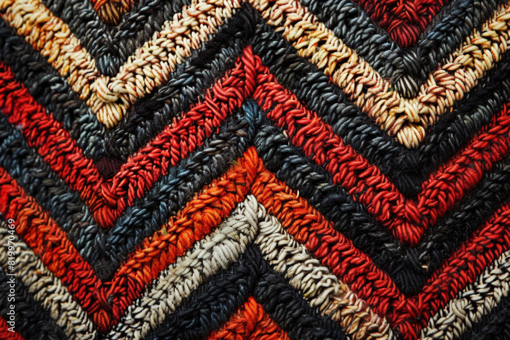 A close-up of a seamless ethnic zigzag chevron pattern, showcasing intricate details and bold color contrasts.