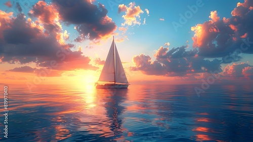 Sailing yacht in the ocean at sunset. The boat is floating on calm water, with blue sky and clouds above it. 