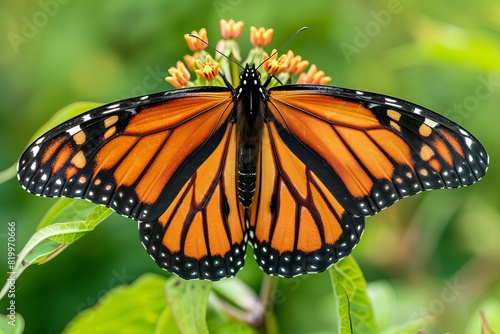 A monarch butterfly is perched on a milkweed plant © Suphakorn