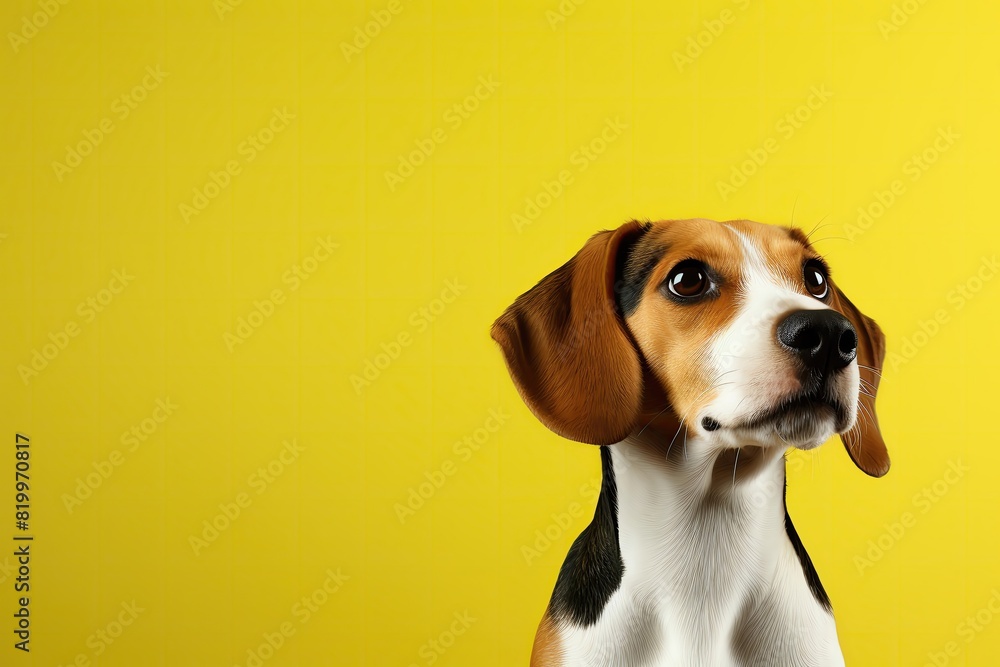 Beagle looking up at something off camera with a curious expression on its face. The background is a bright yellow color.