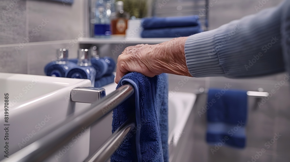 Embracing Safe Living: Elderly Woman Utilizing Modern Bathroom Handrail Embracing Safe Living: Elderly Woman Utilizing Modern Bathroom Handrail